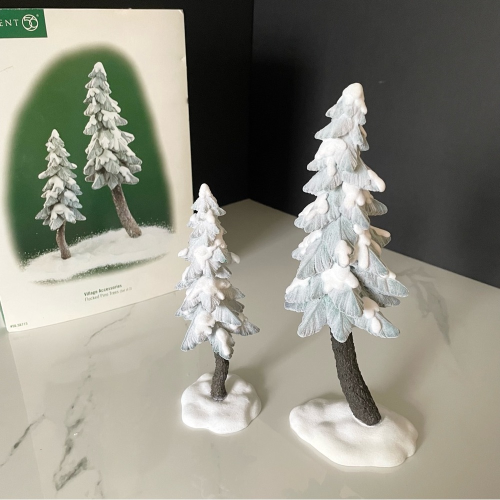 SET of 2 Flocked Pine Trees - Snow Village Accessories by Dept. 56